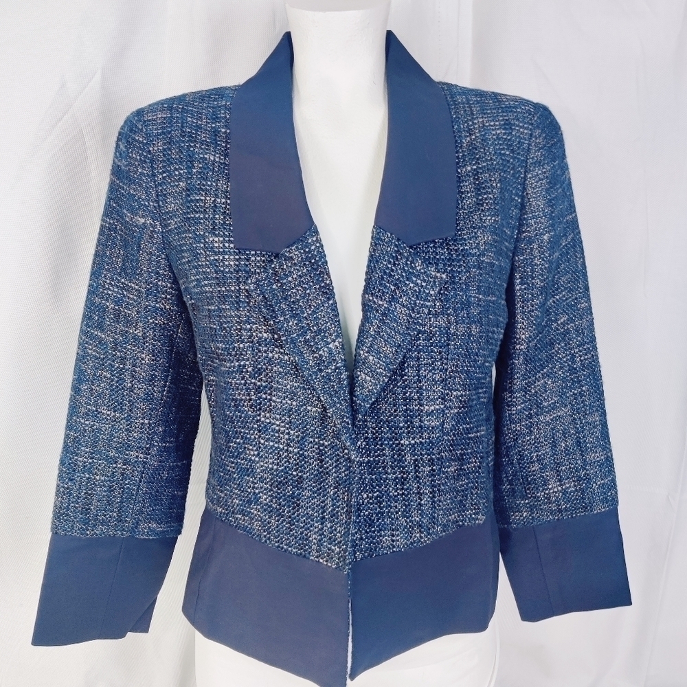 Adrianna Papell Tweed Sparkle Blazer Jacket Women's Sz 6 Navy Blue & Silver